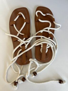 Zara Tan Leather-Look Sandals with White Rope Laces